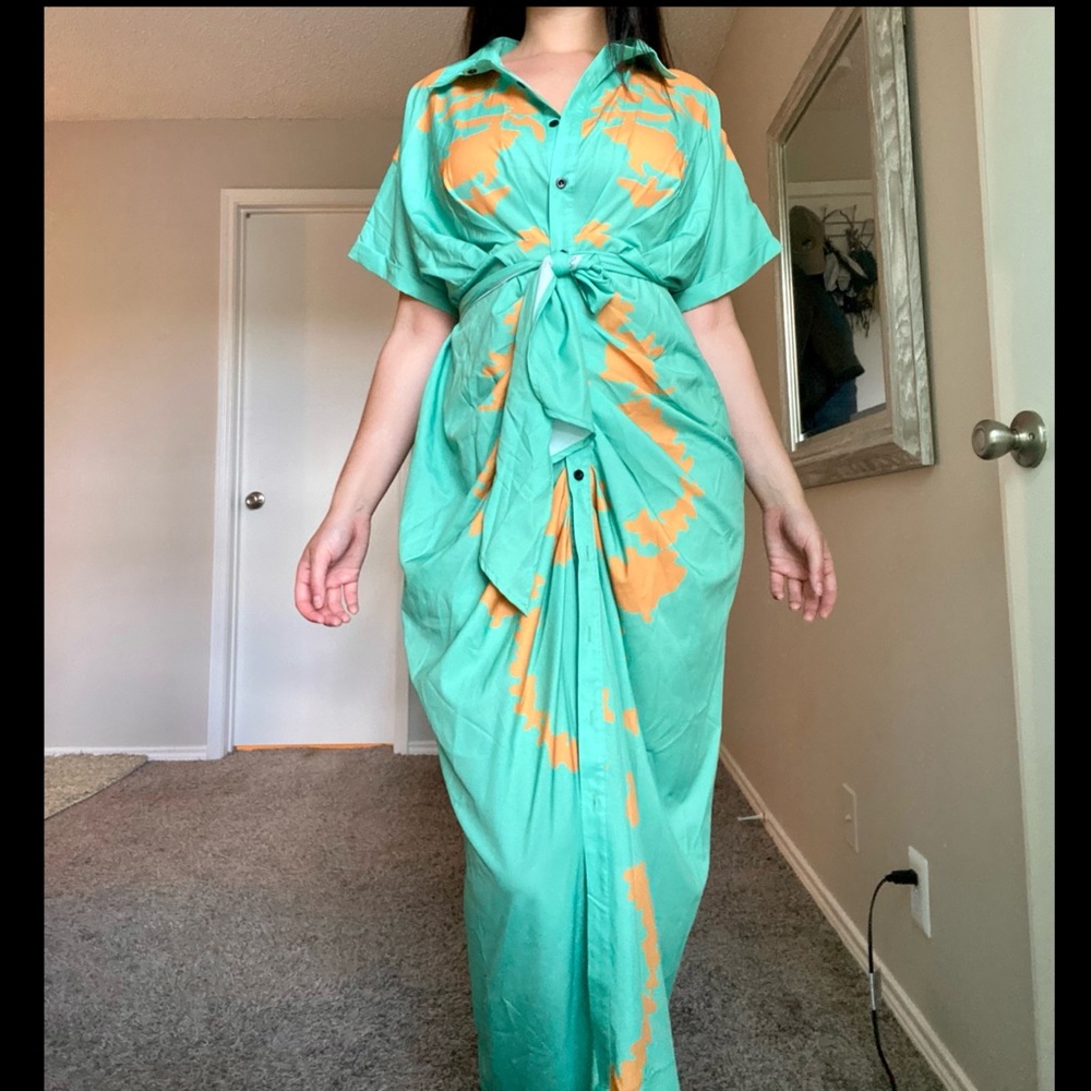 Mint contemporary maxi dress with orange accents. - Picture 4 of 16